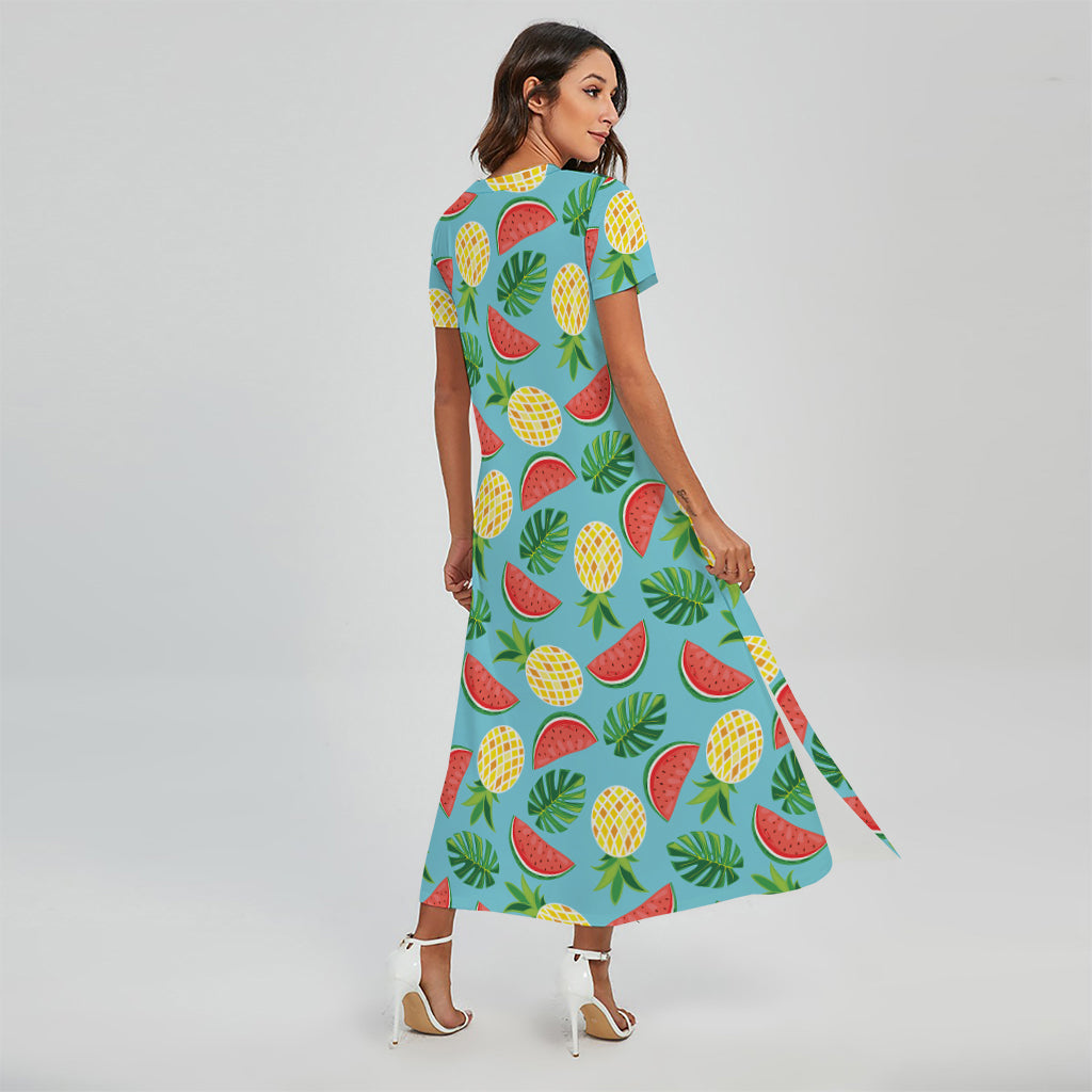 Tropical Watermelon And Pineapple Print Short Sleeve Maxi Dress