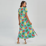 Tropical Watermelon And Pineapple Print Short Sleeve Maxi Dress