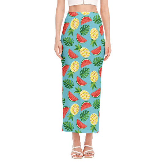 Tropical Watermelon And Pineapple Print Side Slit Maxi Skirt