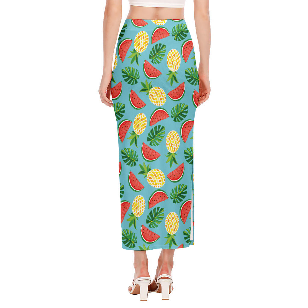 Tropical Watermelon And Pineapple Print Side Slit Maxi Skirt