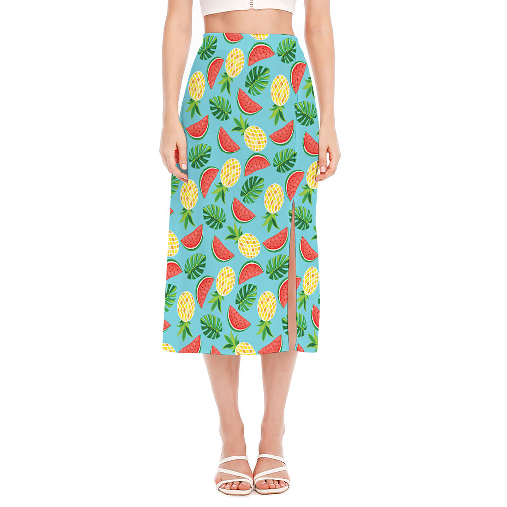 Tropical Watermelon And Pineapple Print Side Slit Midi Skirt