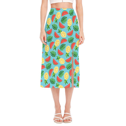Tropical Watermelon And Pineapple Print Side Slit Midi Skirt