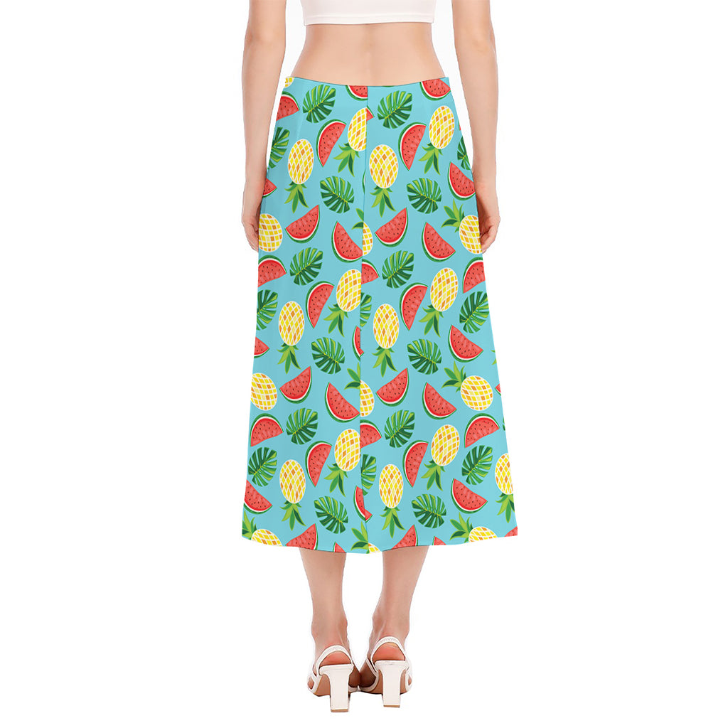 Tropical Watermelon And Pineapple Print Side Slit Midi Skirt