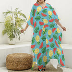 Tropical Watermelon And Pineapple Print Silk V-Neck Kaftan Dress