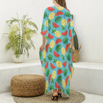 Tropical Watermelon And Pineapple Print Silk V-Neck Kaftan Dress