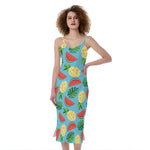 Tropical Watermelon And Pineapple Print Slim Fit Midi Cami Dress