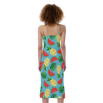 Tropical Watermelon And Pineapple Print Slim Fit Midi Cami Dress