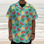 Tropical Watermelon And Pineapple Print Textured Short Sleeve Shirt