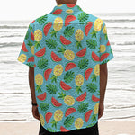 Tropical Watermelon And Pineapple Print Textured Short Sleeve Shirt
