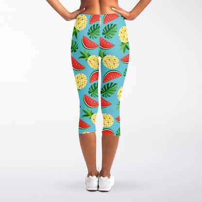 Tropical Watermelon And Pineapple Print Women's Capri Leggings