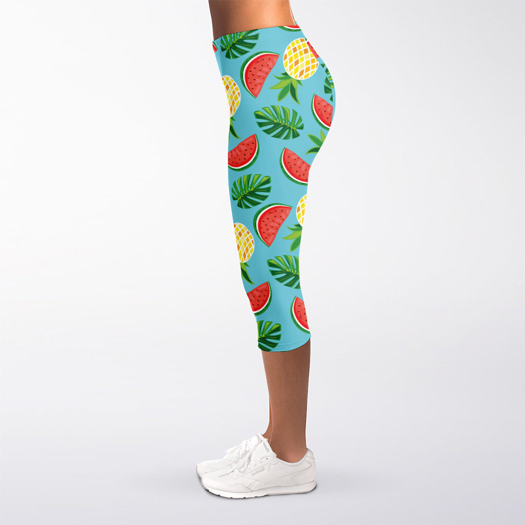 Tropical Watermelon And Pineapple Print Women's Capri Leggings