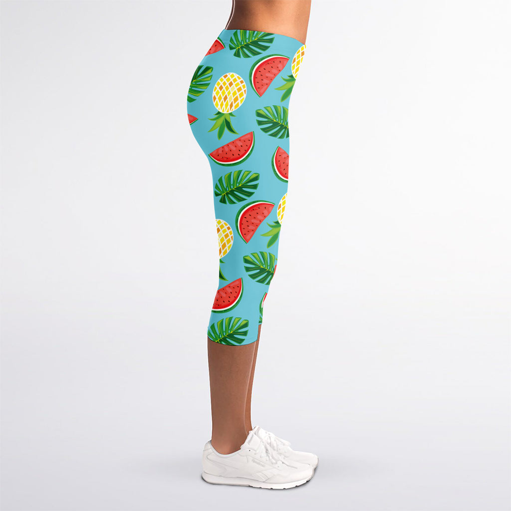 Tropical Watermelon And Pineapple Print Women's Capri Leggings