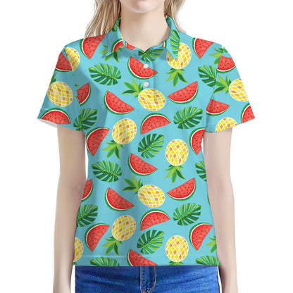 Tropical Watermelon And Pineapple Print Women's Polo Shirt
