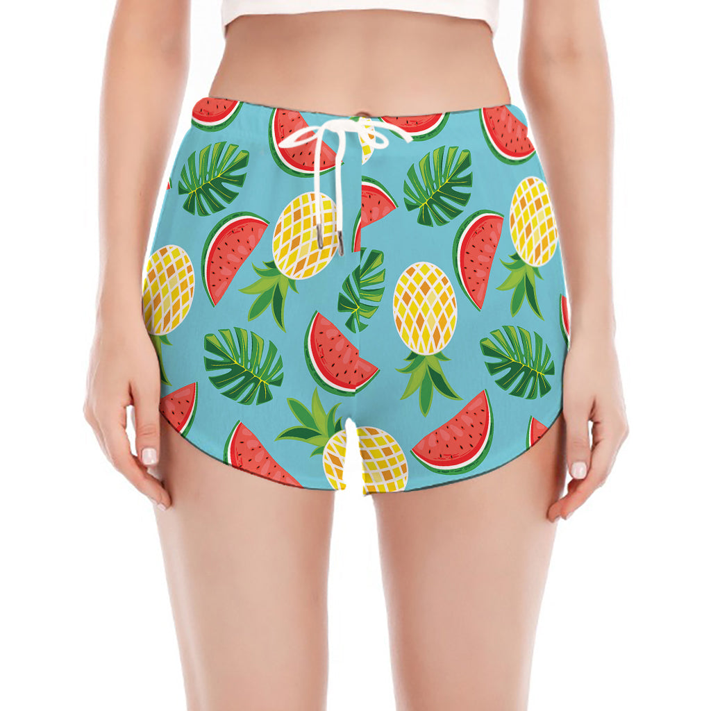 Tropical Watermelon And Pineapple Print Women's Split Running Shorts