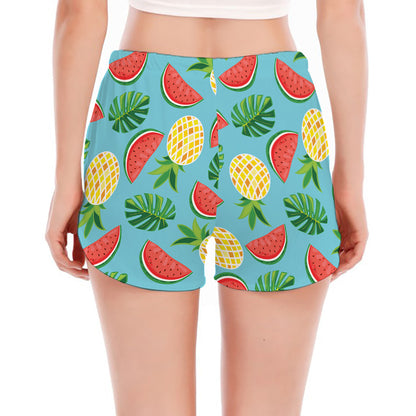 Tropical Watermelon And Pineapple Print Women's Split Running Shorts