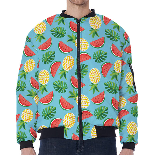 Tropical Watermelon And Pineapple Print Zip Sleeve Bomber Jacket
