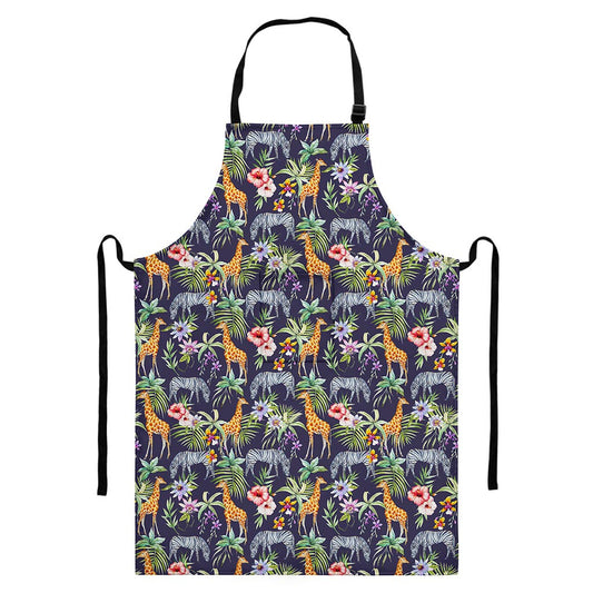 Tropical Zebra Giraffe Pattern Print Bib Apron With Pocket