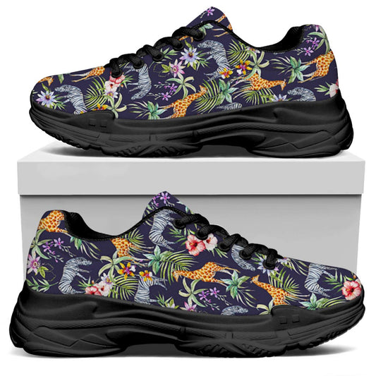 Tropical Zebra Giraffe Pattern Print Black Chunky Shoes