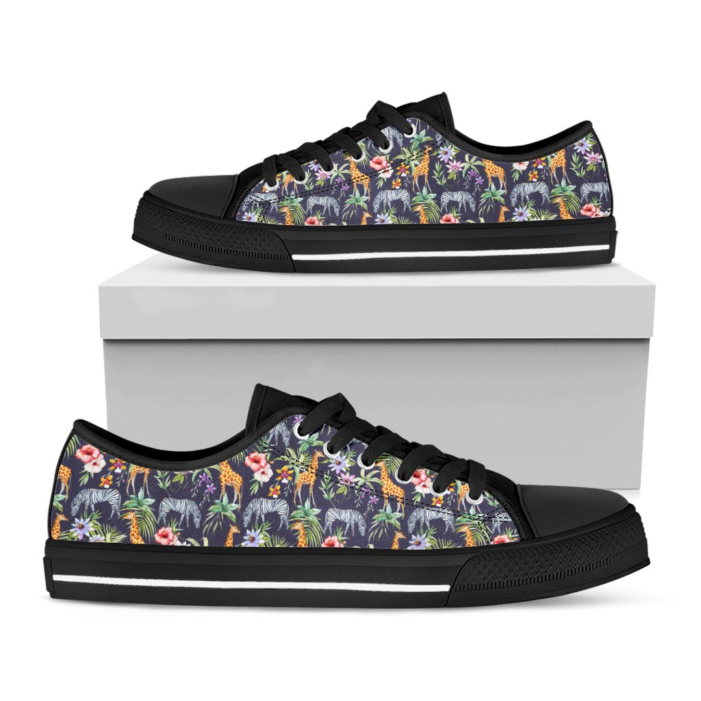 Tropical Zebra Giraffe Pattern Print Black Low Top Sneakers