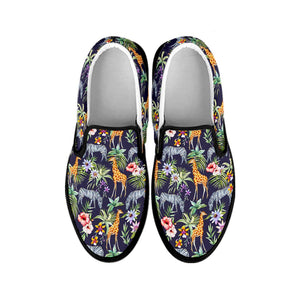 Tropical Zebra Giraffe Pattern Print Black Slip On Sneakers