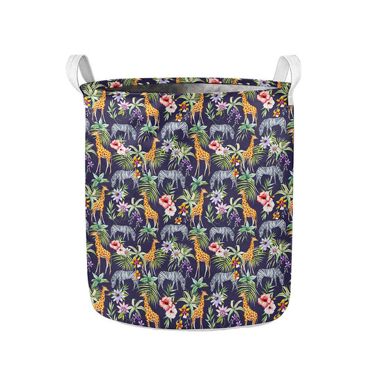 Tropical Zebra Giraffe Pattern Print Collapsible Laundry Basket