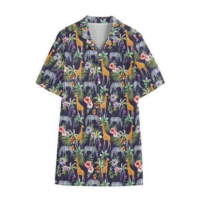 Tropical Zebra Giraffe Pattern Print Cotton Hawaiian Shirt