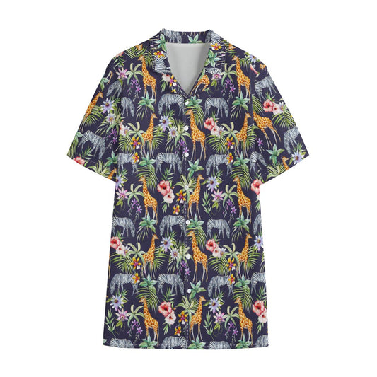 Tropical Zebra Giraffe Pattern Print Cotton Hawaiian Shirt