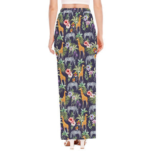 Tropical Zebra Giraffe Pattern Print High Slit Maxi Skirt