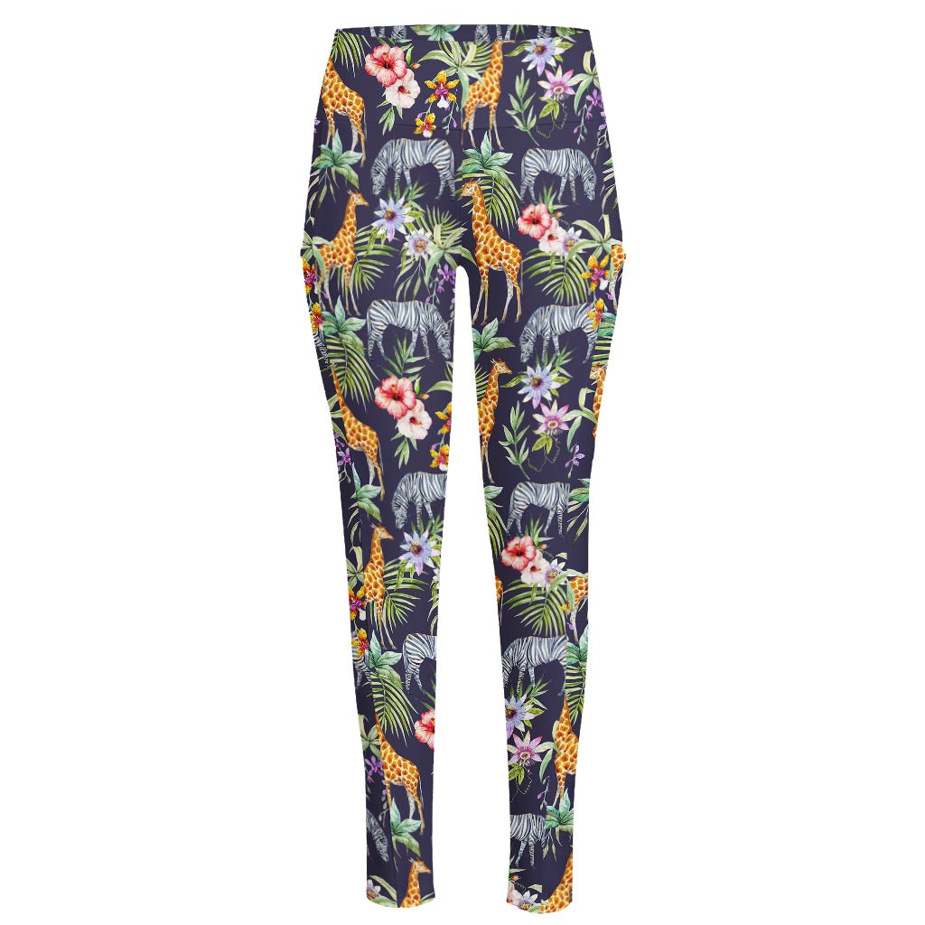 Tropical Zebra Giraffe Pattern Print High-Waisted Pocket Leggings