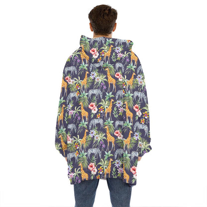 Tropical Zebra Giraffe Pattern Print Hoodie Blanket