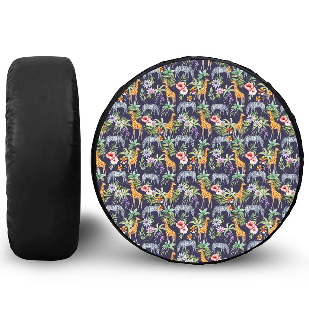 Tropical Zebra Giraffe Pattern Print Leather Spare Tire Cover