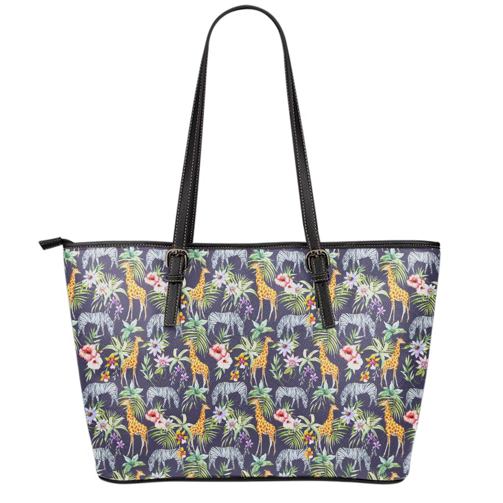 Tropical Zebra Giraffe Pattern Print Leather Tote Bag