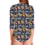 Tropical Zebra Giraffe Pattern Print Long Sleeve Swimsuit
