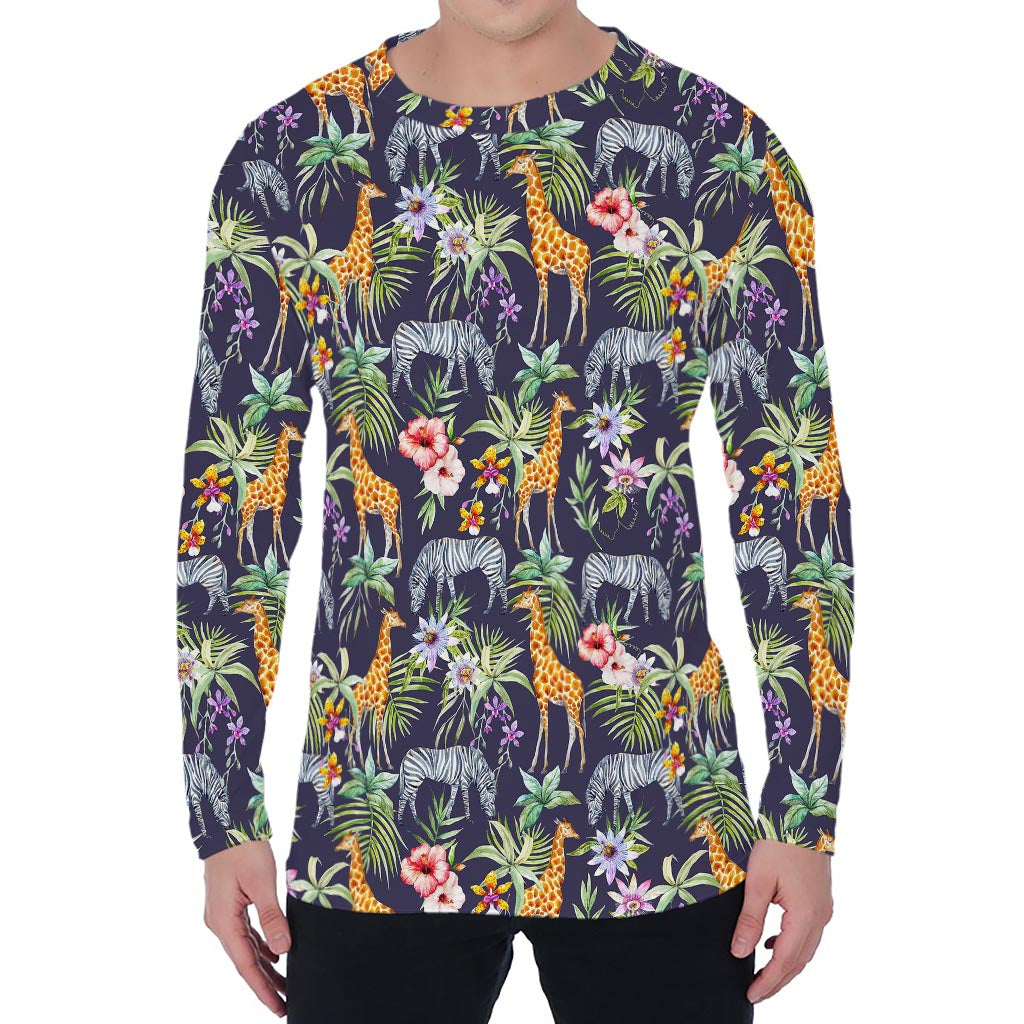 Tropical Zebra Giraffe Pattern Print Men's Long Sleeve T-Shirt