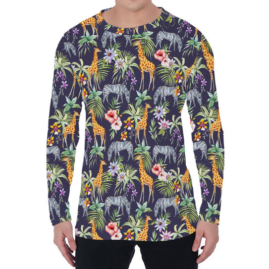 Tropical Zebra Giraffe Pattern Print Men's Long Sleeve T-Shirt