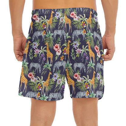 Tropical Zebra Giraffe Pattern Print Men's Split Running Shorts