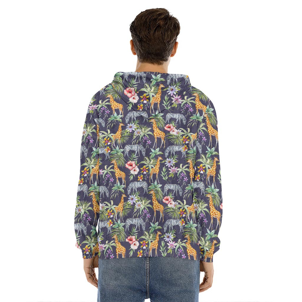 Tropical Zebra Giraffe Pattern Print Men's Velvet Pullover Hoodie