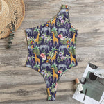 Tropical Zebra Giraffe Pattern Print One Shoulder Bodysuit
