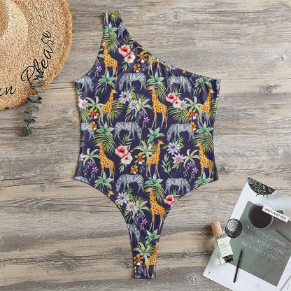 Tropical Zebra Giraffe Pattern Print One Shoulder Bodysuit