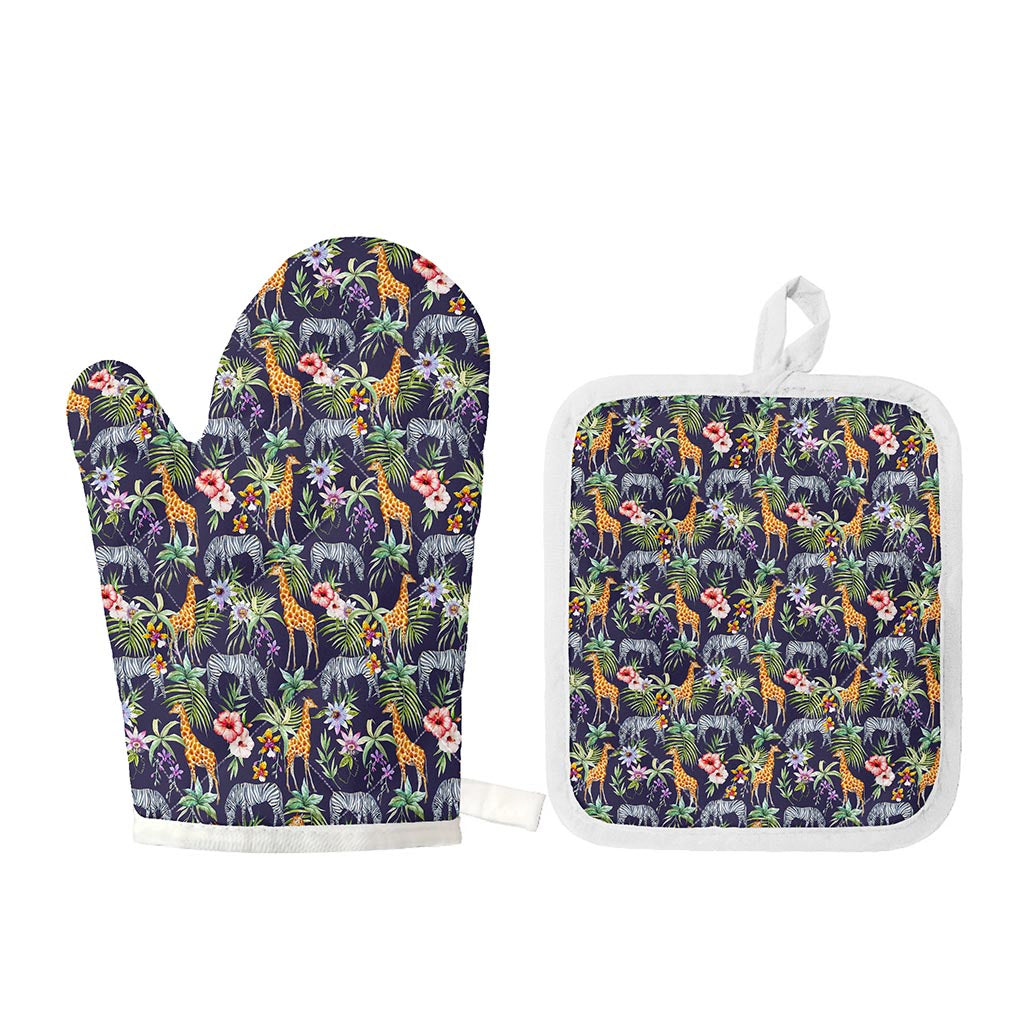 Tropical Zebra Giraffe Pattern Print Oven Mitt And Pot Holder Set