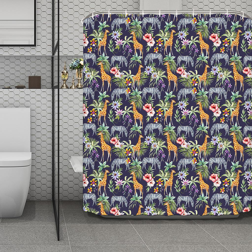 Tropical Zebra Giraffe Pattern Print Polyester Shower Curtain