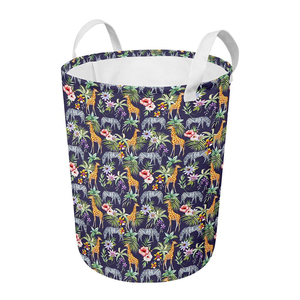 Tropical Zebra Giraffe Pattern Print Round Laundry Basket