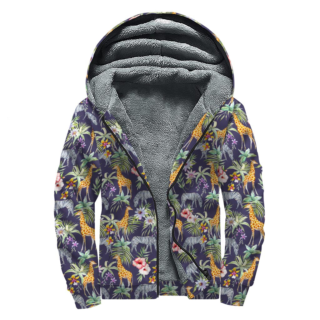 Tropical Zebra Giraffe Pattern Print Sherpa Lined Zip Up Hoodie