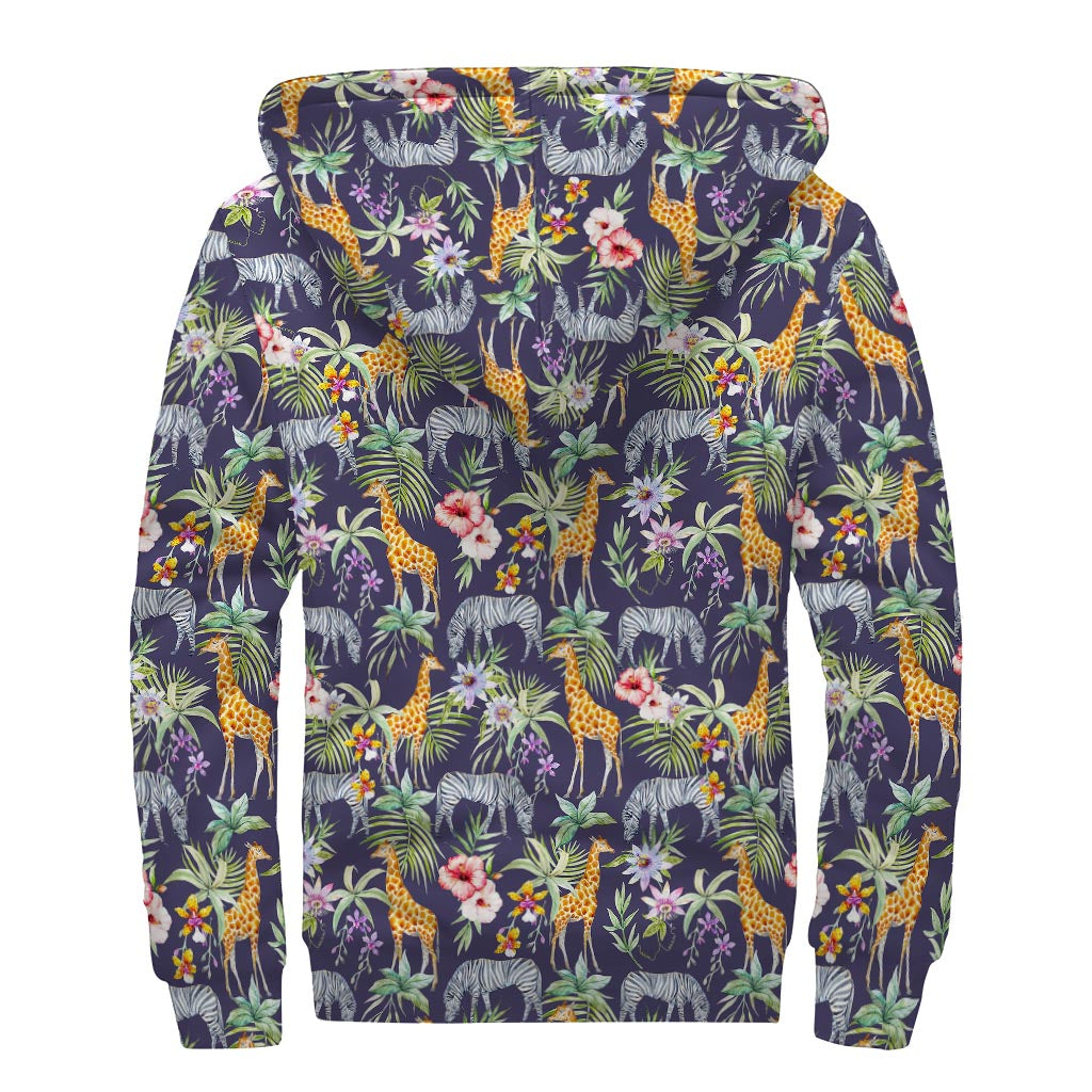 Tropical Zebra Giraffe Pattern Print Sherpa Lined Zip Up Hoodie