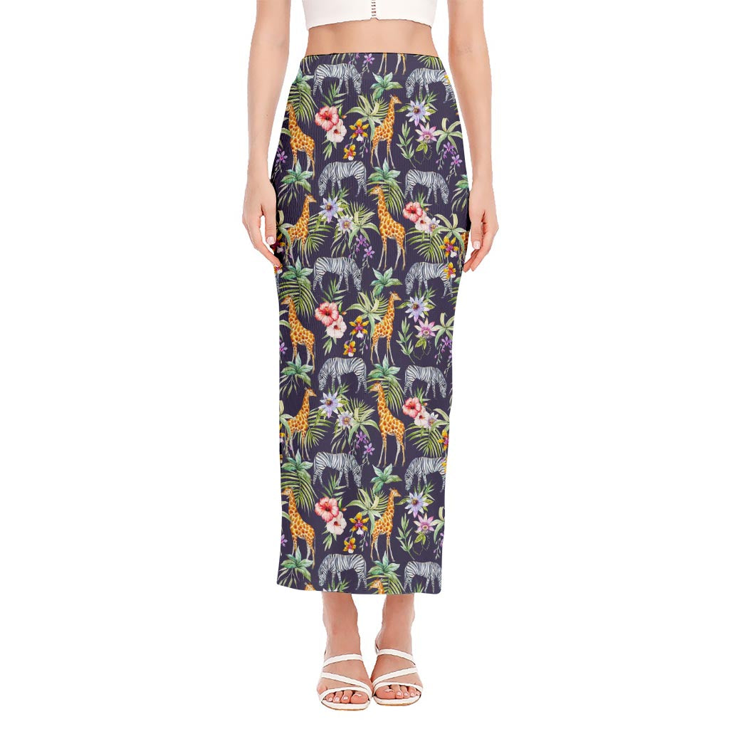 Tropical Zebra Giraffe Pattern Print Side Slit Maxi Skirt