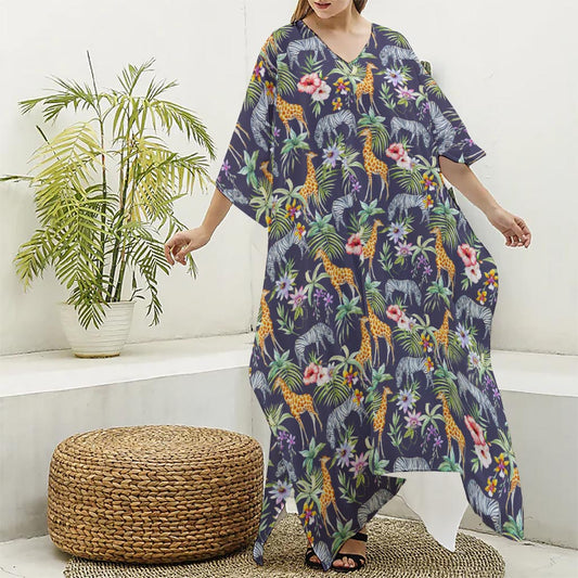 Tropical Zebra Giraffe Pattern Print Silk V-Neck Kaftan Dress