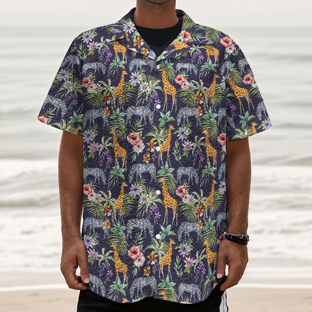Tropical Zebra Giraffe Pattern Print Textured Short Sleeve Shirt