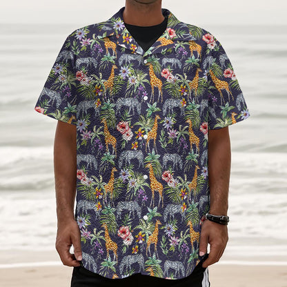 Tropical Zebra Giraffe Pattern Print Textured Short Sleeve Shirt