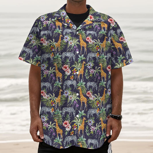 Tropical Zebra Giraffe Pattern Print Textured Short Sleeve Shirt