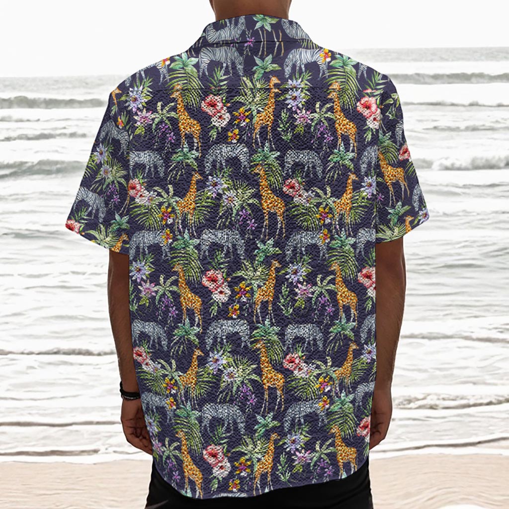 Tropical Zebra Giraffe Pattern Print Textured Short Sleeve Shirt